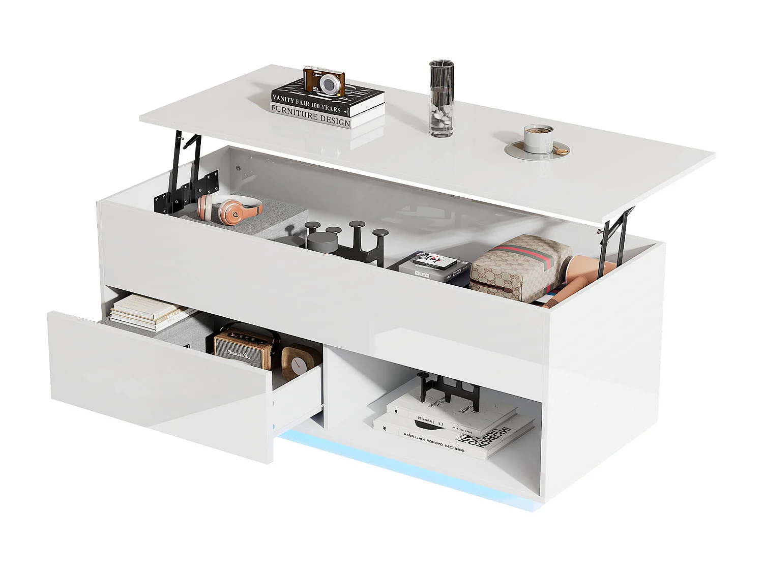 Salontafel 100x50x55cm LED hydraulisch hefbaar meerlaags opbergmeubel wit voor woonkamer