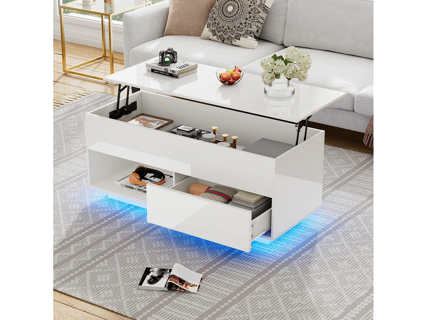 Table basse 100x50x55cm LED levage hydraulique rangement multi-niveaux Blanc pour salon