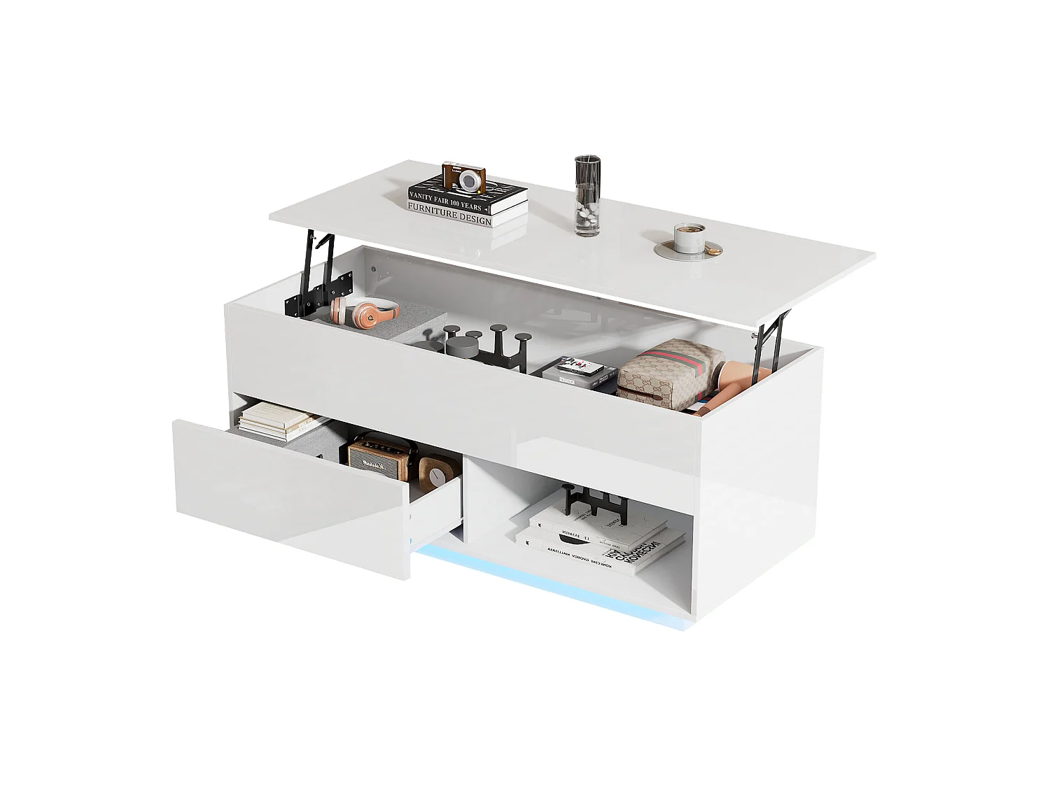 Table basse 100x50x55cm LED levage hydraulique rangement multi-niveaux Blanc pour salon