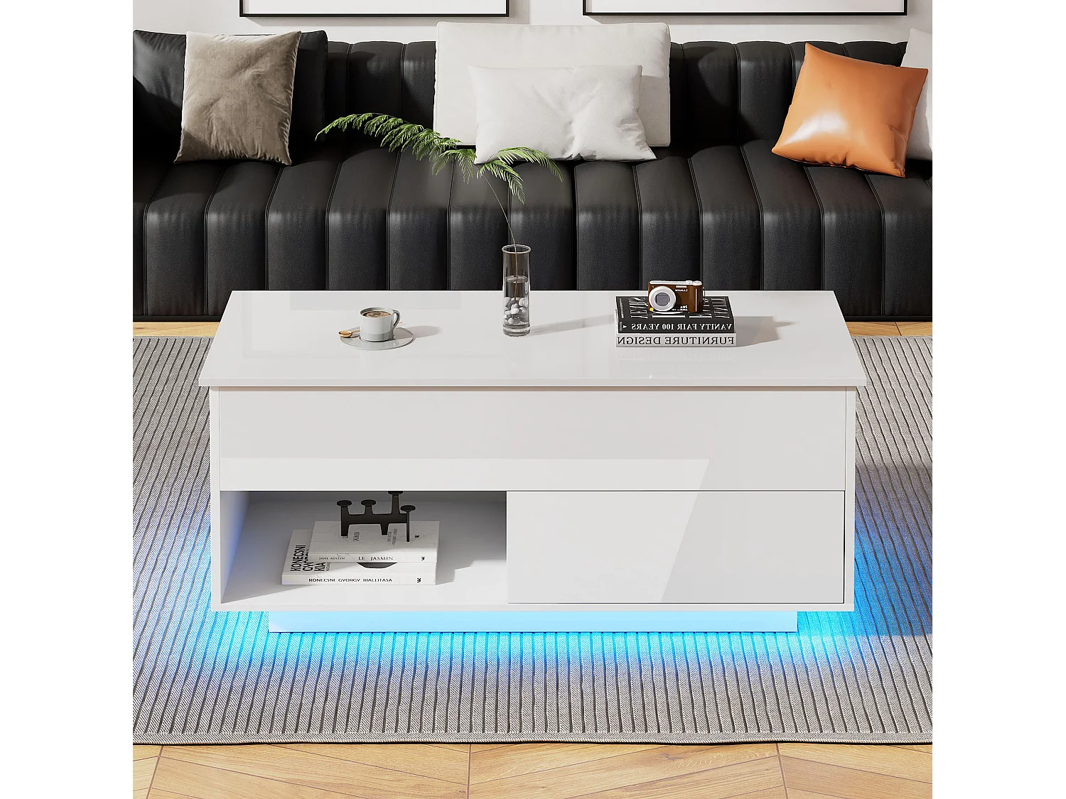 Table basse 100x50x55cm LED levage hydraulique rangement multi-niveaux Blanc pour salon