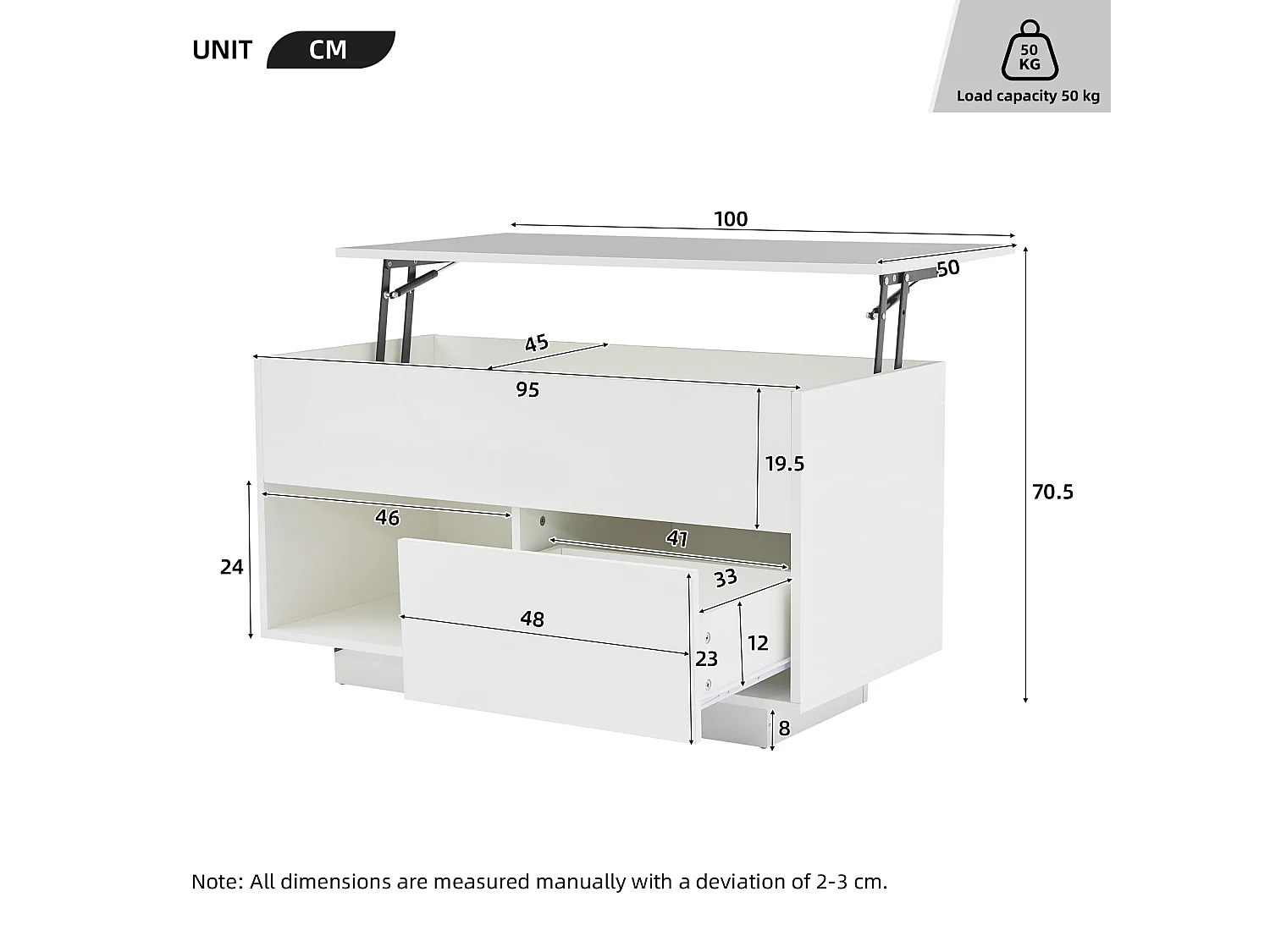 Table basse 100x50x55cm LED levage hydraulique rangement multi-niveaux Blanc pour salon