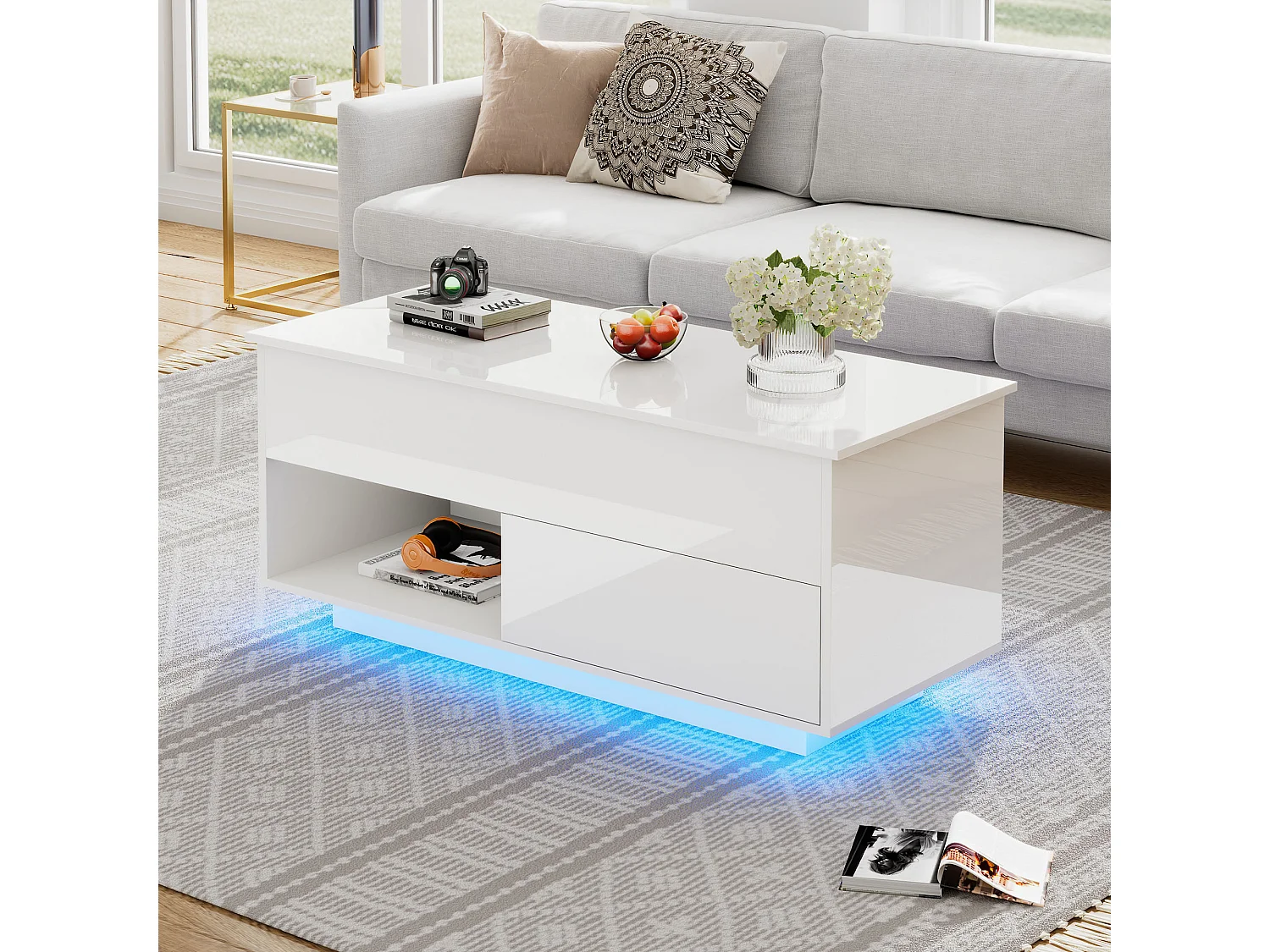 Table basse 100x50x55cm LED levage hydraulique rangement multi-niveaux Blanc pour salon