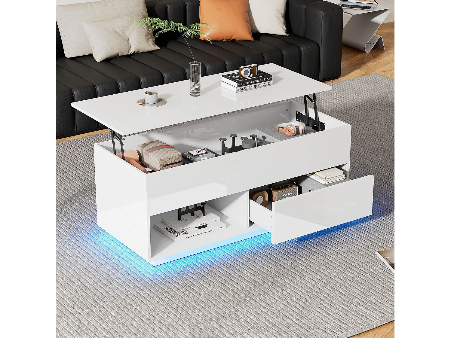 Table basse 100x50x55cm LED levage hydraulique rangement multi-niveaux Blanc pour salon