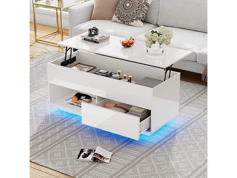 Salontafel 100x50x55cm LED hydraulisch hefbaar meerlaags opbergmeubel wit voor woonkamer
