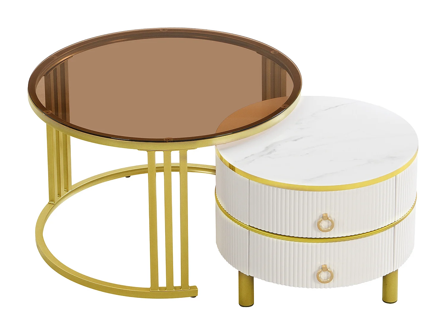 Lot de 2 tables basses rondes 70x70x45 cm, gigognes, 2 tiroirs, MDF et verre blanc