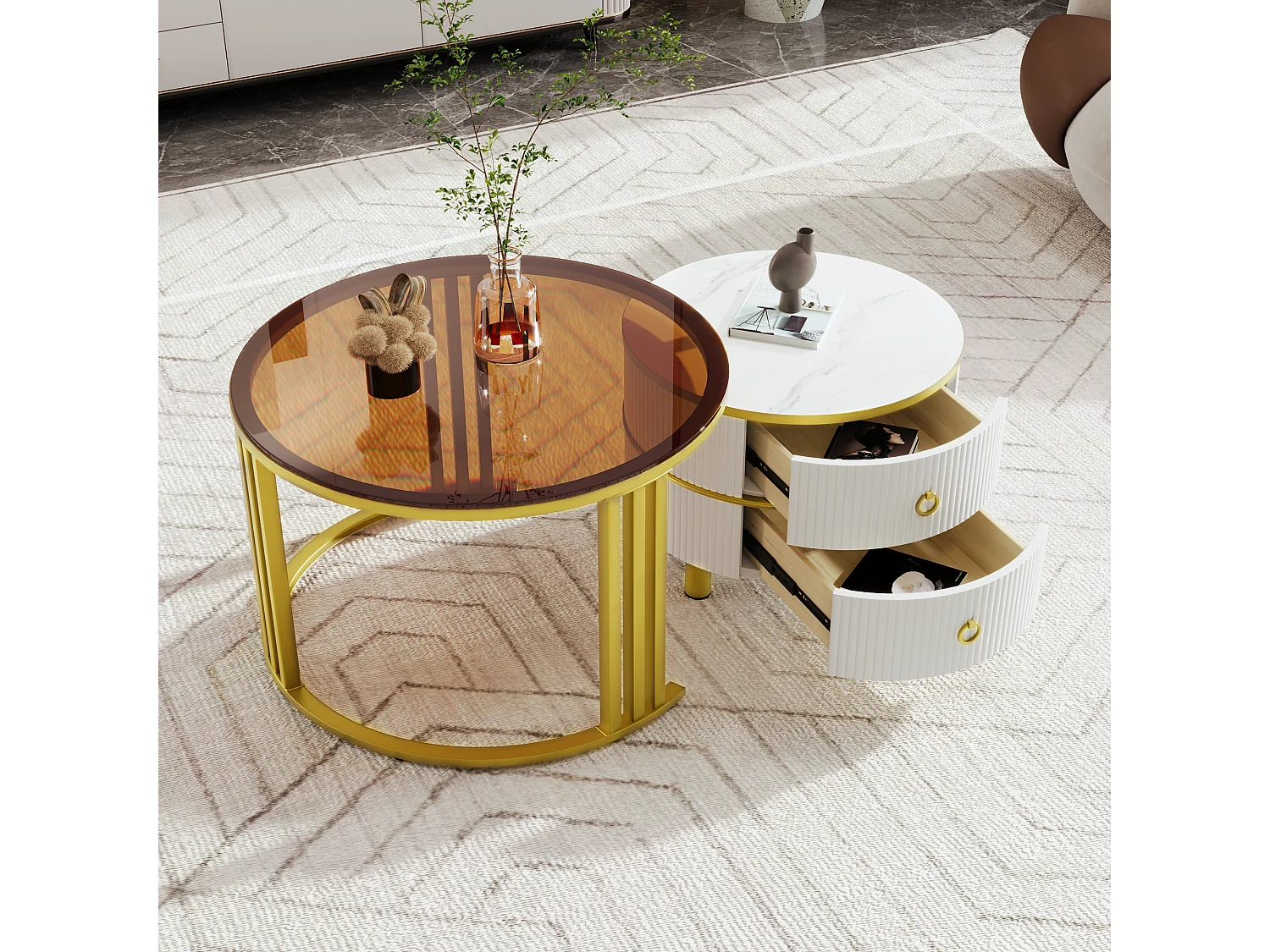 Lot de 2 tables basses rondes 70x70x45 cm, gigognes, 2 tiroirs, MDF et verre blanc