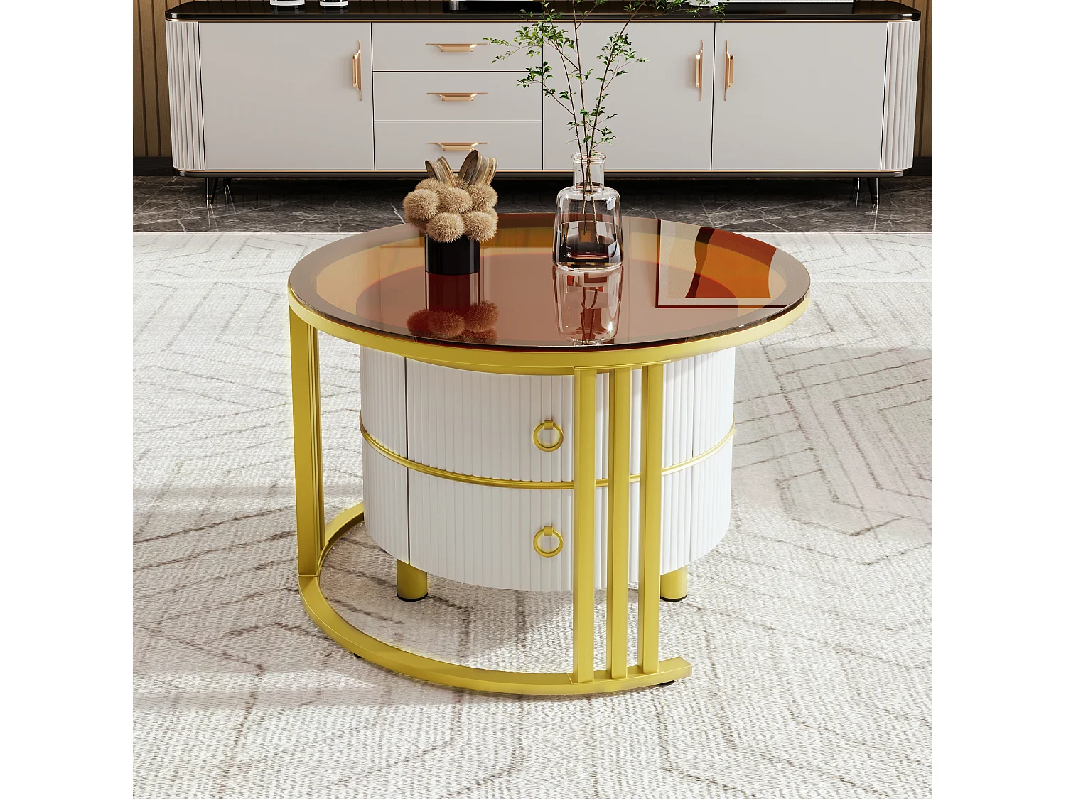 Lot de 2 tables basses rondes 70x70x45 cm, gigognes, 2 tiroirs, MDF et verre blanc