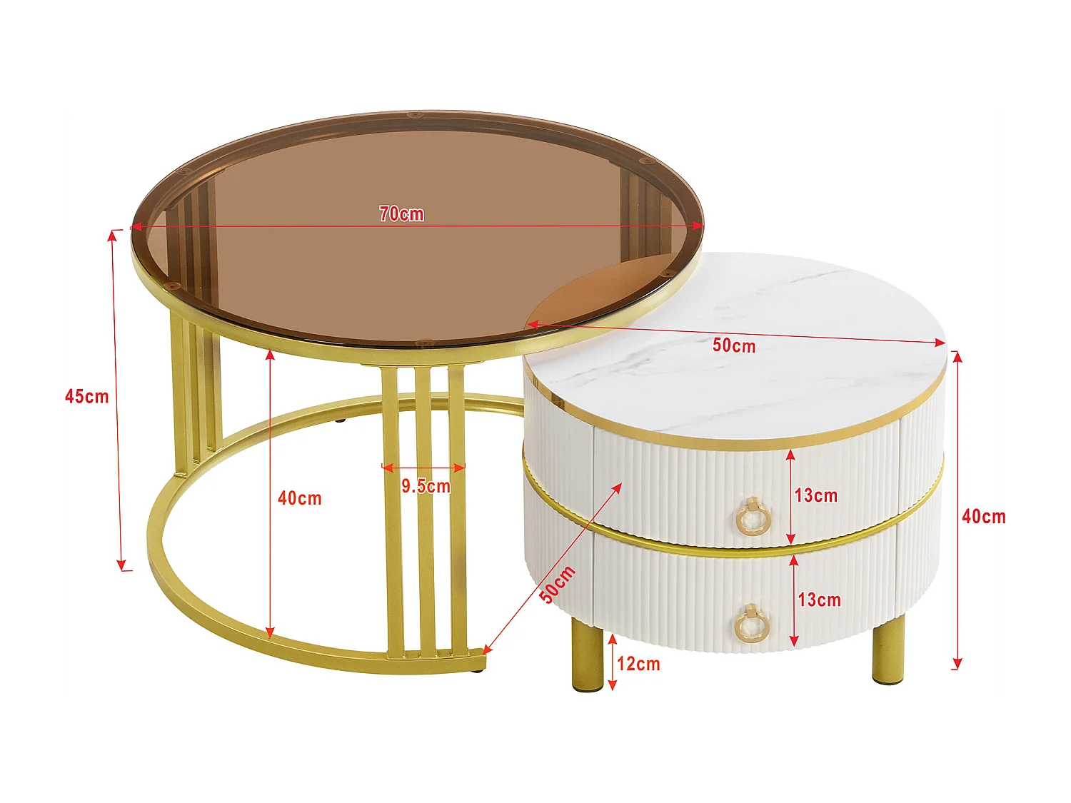 Lot de 2 tables basses rondes 70x70x45 cm, gigognes, 2 tiroirs, MDF et verre blanc