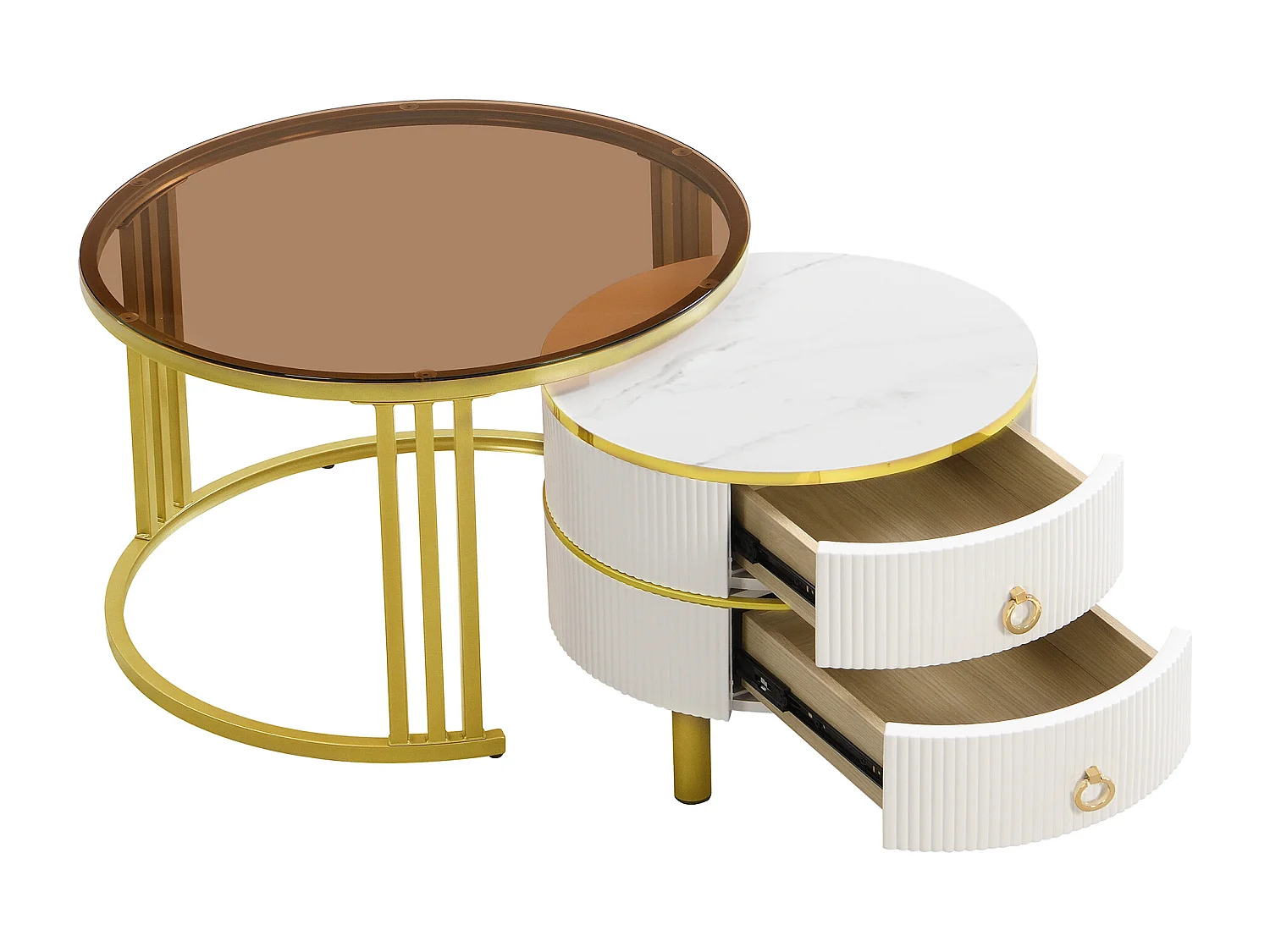 Lot de 2 tables basses rondes 70x70x45 cm, gigognes, 2 tiroirs, MDF et verre blanc