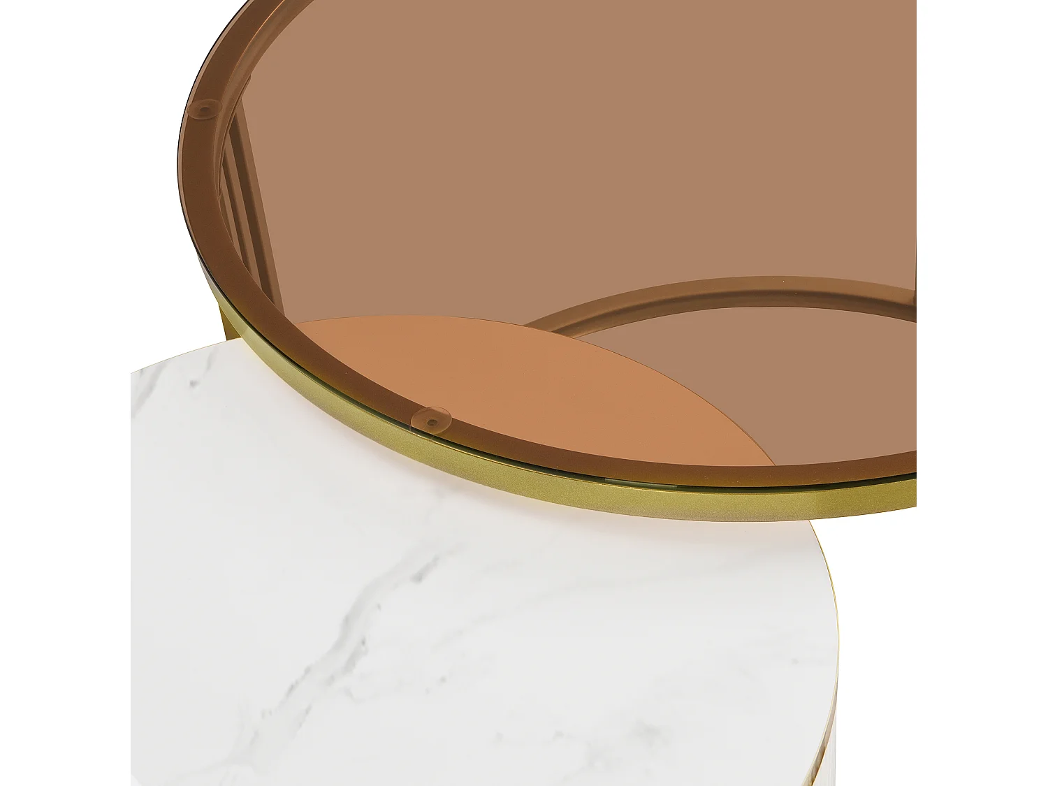 Lot de 2 tables basses rondes 70x70x45 cm, gigognes, 2 tiroirs, MDF et verre blanc