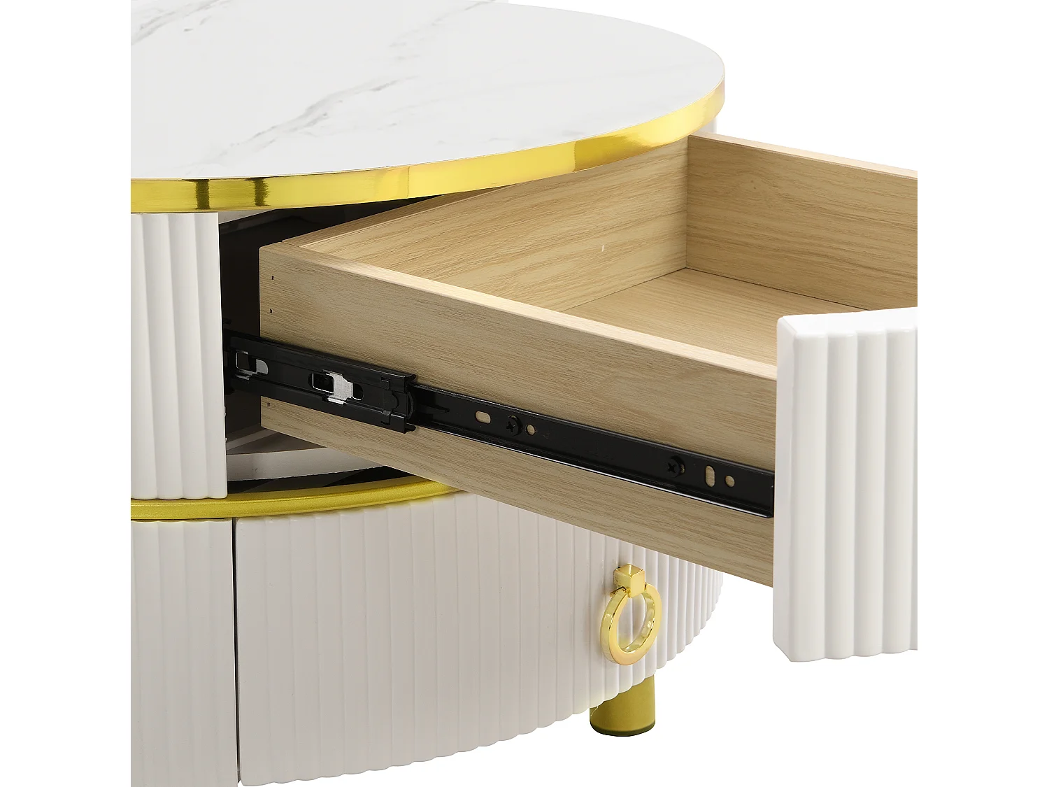 Lot de 2 tables basses rondes 70x70x45 cm, gigognes, 2 tiroirs, MDF et verre blanc