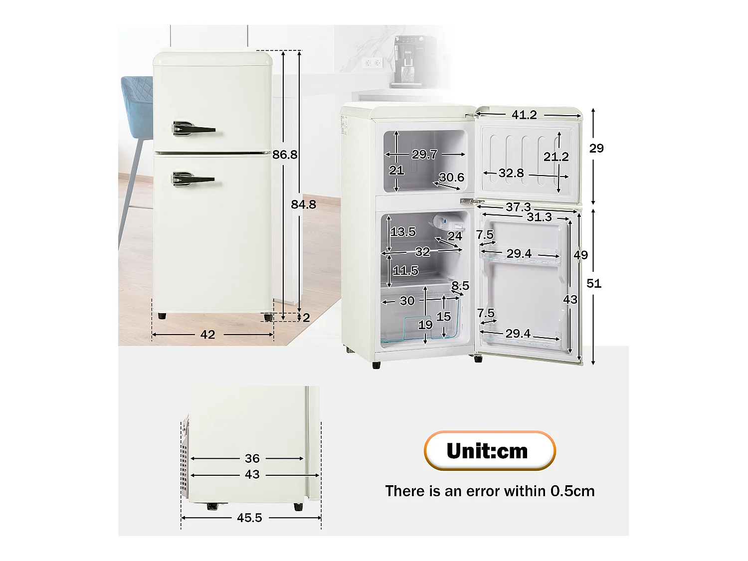 Réfrigérateur 45.5x42x88.8cm 2 Portes 60L Total 22L Congélateur LED Espace de rangement Matériel Iron et Blanc