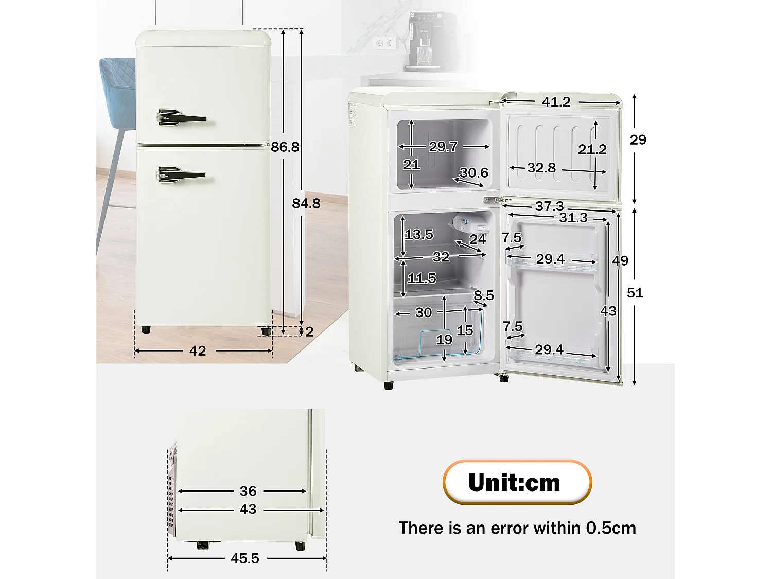 Réfrigérateur combiné 45.5x42x88.8 cm, 2 portes, 2 compartiments, 7 réglages, fer et plastique, blanc crème