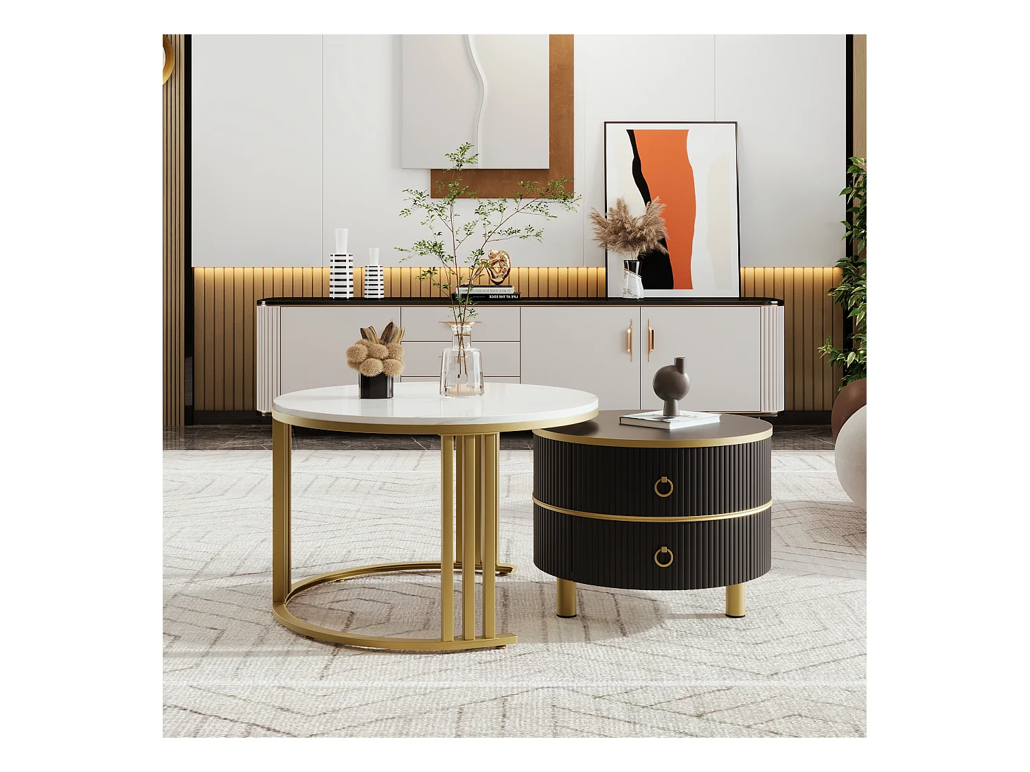 Set van twee tafels 70x70x46cm met ronde vorm twee laden twee werkbladen en opslagruimte brengen Materiaal MDF en zwart