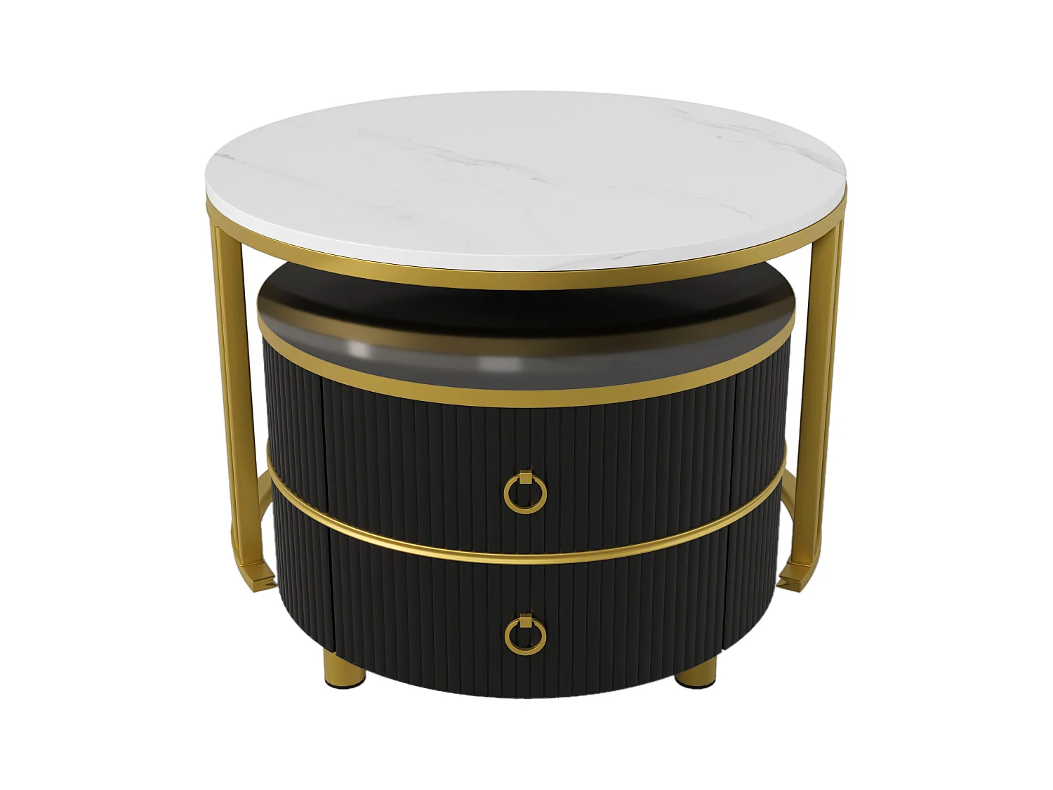 Set van twee tafels 70x70x46cm met ronde vorm twee laden twee werkbladen en opslagruimte brengen Materiaal MDF en zwart