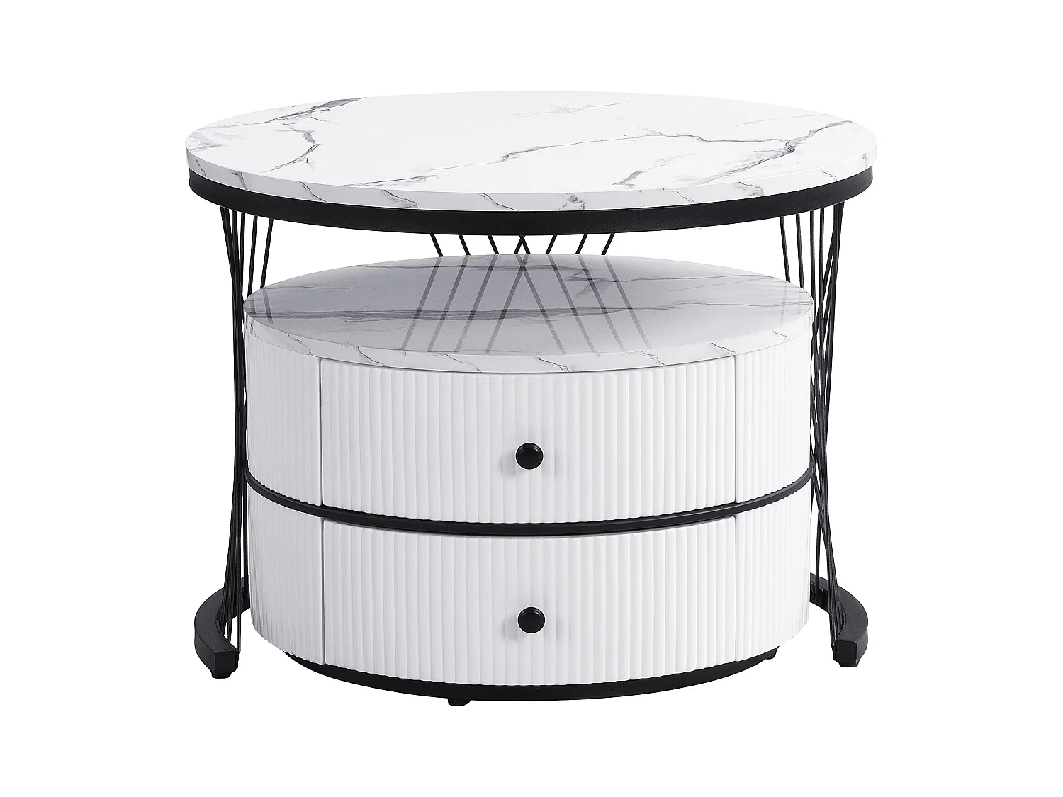 Set van 2 salontafels 60x60x46cm + 50x50x31cm glanzend marmereffect 2 witte lades