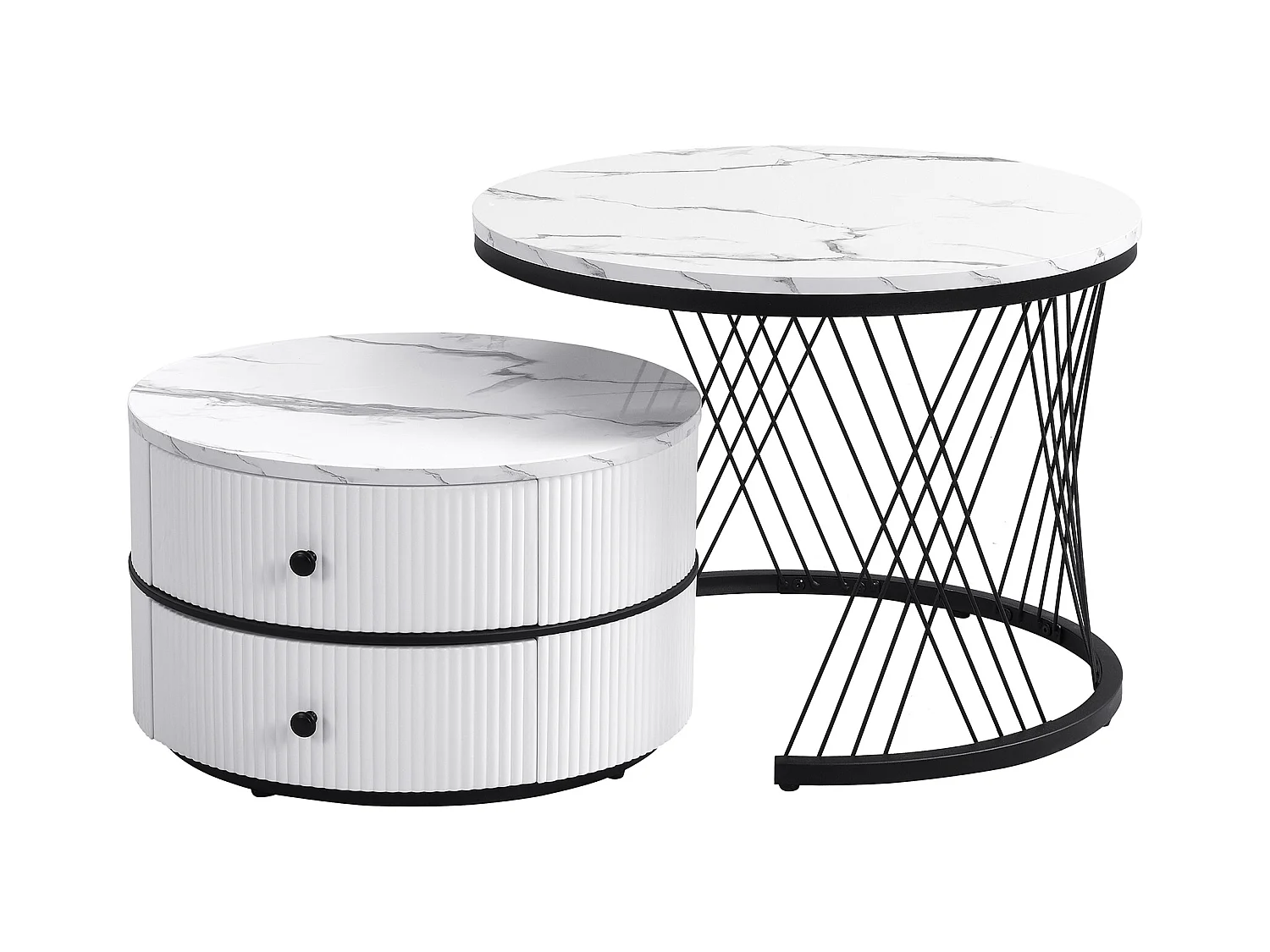 Set van 2 salontafels 60x60x46cm + 50x50x31cm glanzend marmereffect 2 witte lades