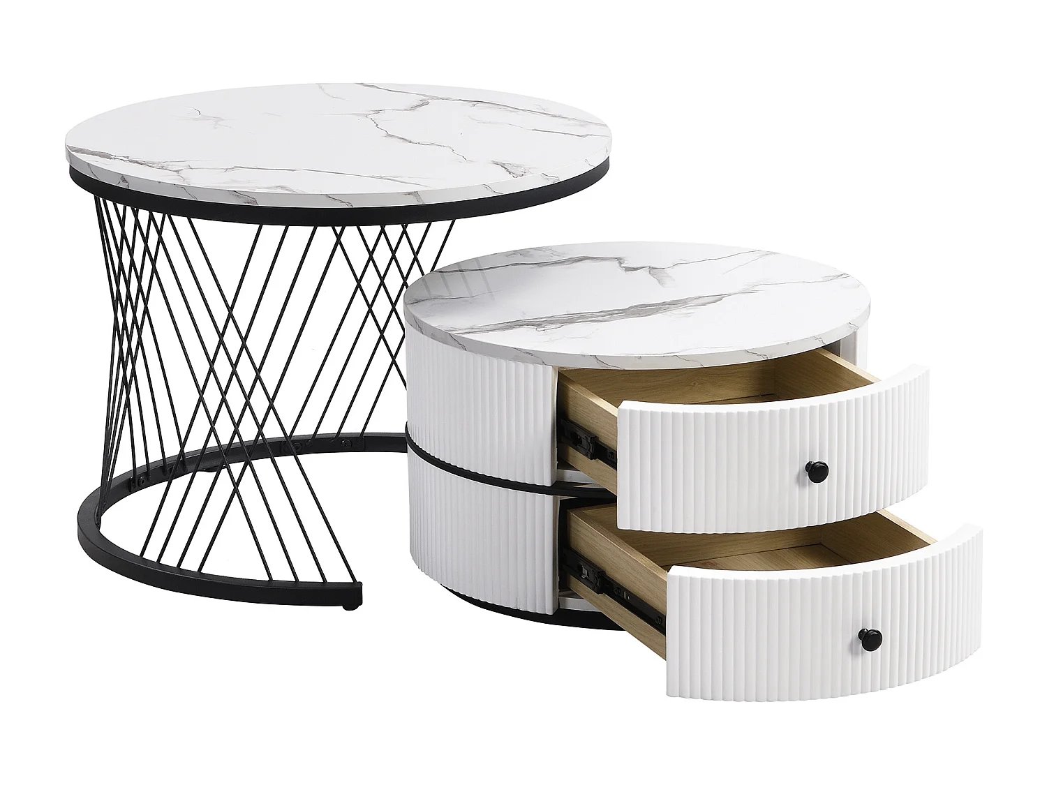 Set van 2 salontafels 60x60x46cm + 50x50x31cm glanzend marmereffect 2 witte lades