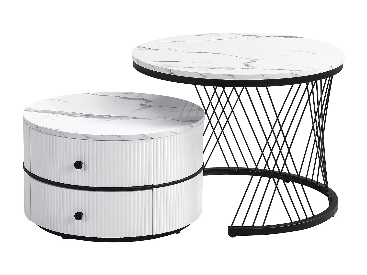 Set van 2 salontafels 60x60x46cm + 50x50x31cm glanzend marmereffect 2 witte lades