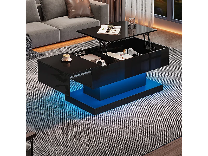 Table basse 100x50x45 cm laqué brillant avec LED levage hydraulique et rangement Noir pour salon