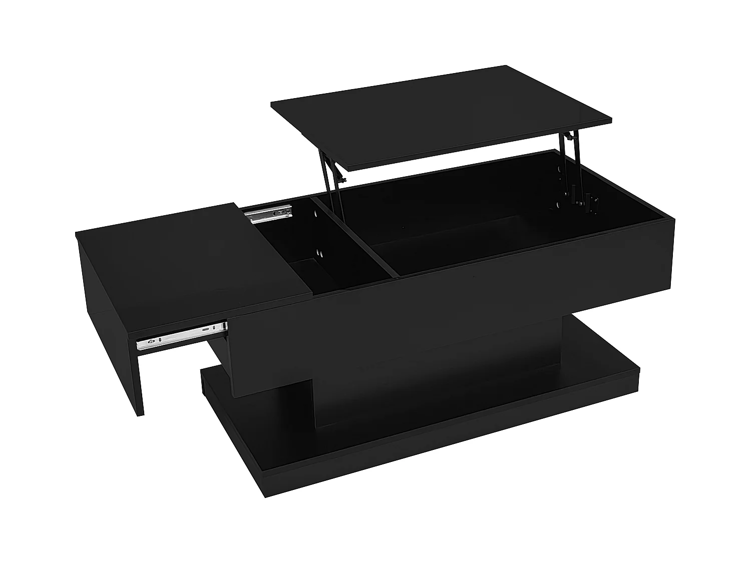 Table basse 100x50x45 cm laqué brillant avec LED levage hydraulique et rangement Noir pour salon