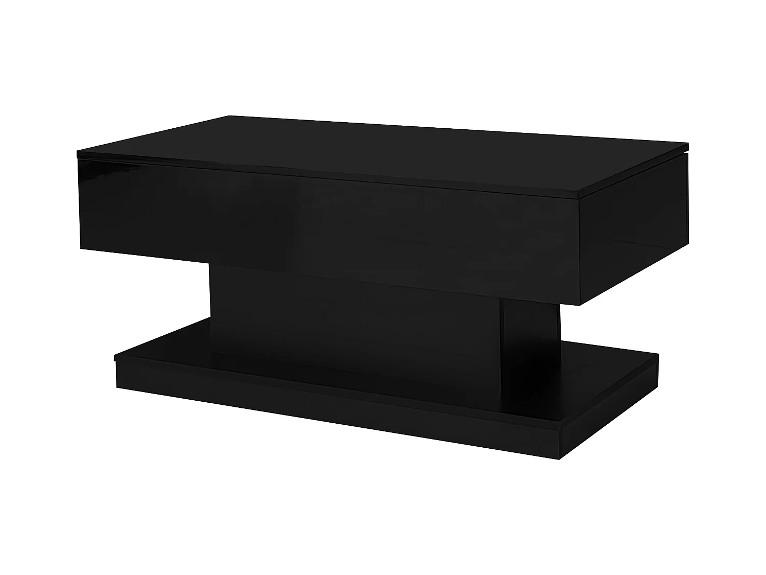 Table basse 100x50x45 cm laqué brillant avec LED levage hydraulique et rangement Noir pour salon