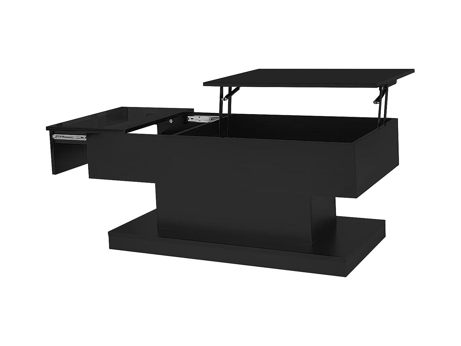 Table basse 100x50x45 cm laqué brillant avec LED levage hydraulique et rangement Noir pour salon