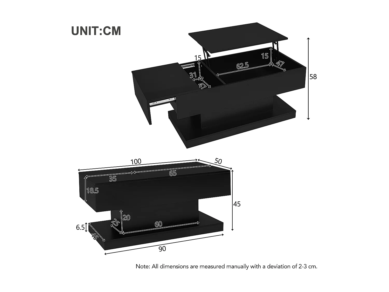 Table basse 100x50x45 cm laqué brillant avec LED levage hydraulique et rangement Noir pour salon