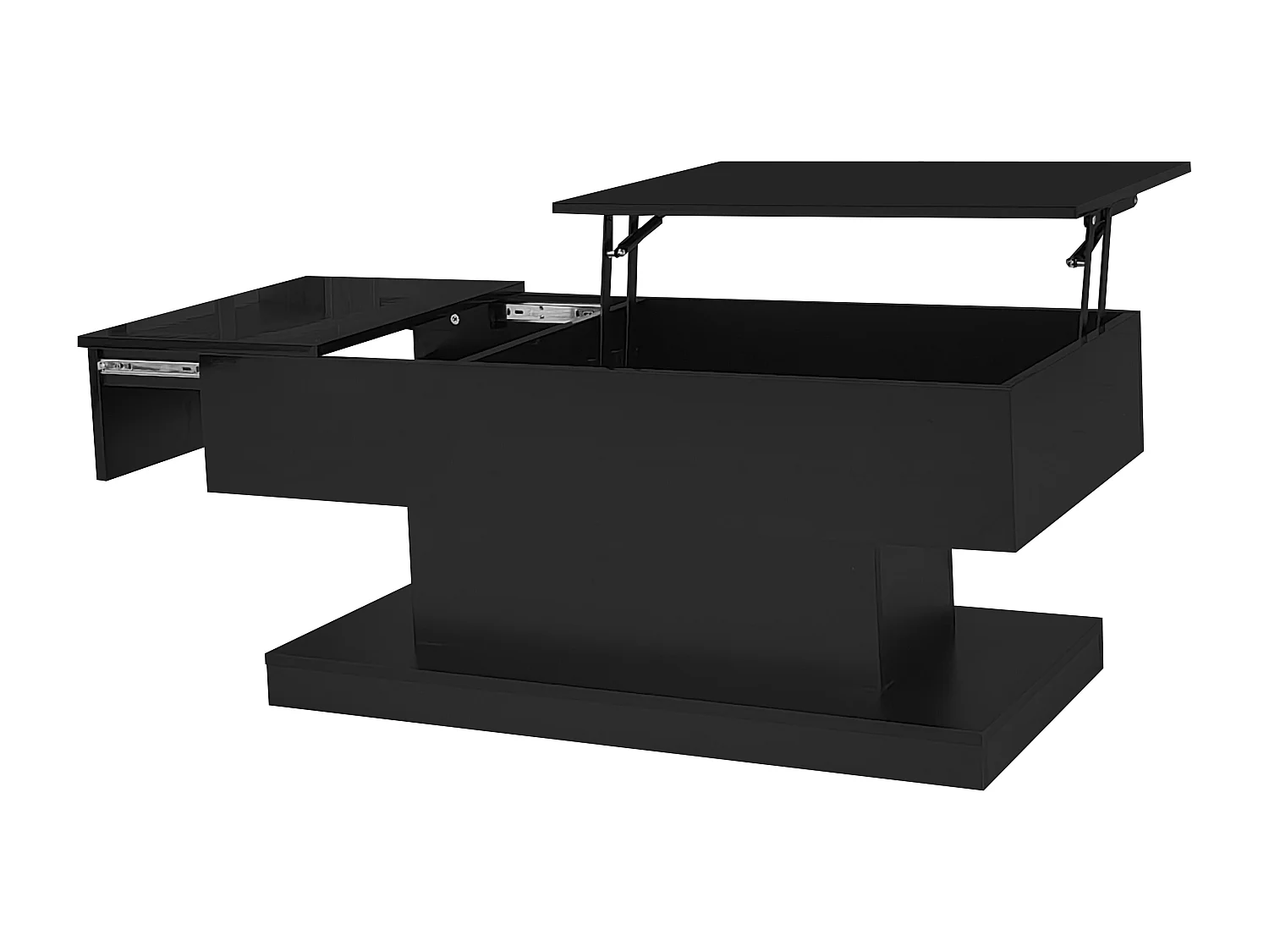 Table basse 100x50x45 cm laqué brillant avec LED levage hydraulique et rangement Noir pour salon