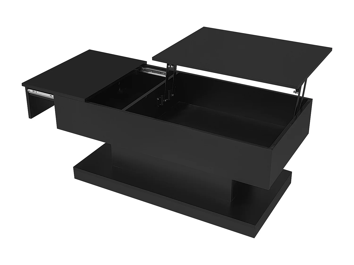 Table basse 100x50x45 cm laqué brillant avec LED levage hydraulique et rangement Noir pour salon
