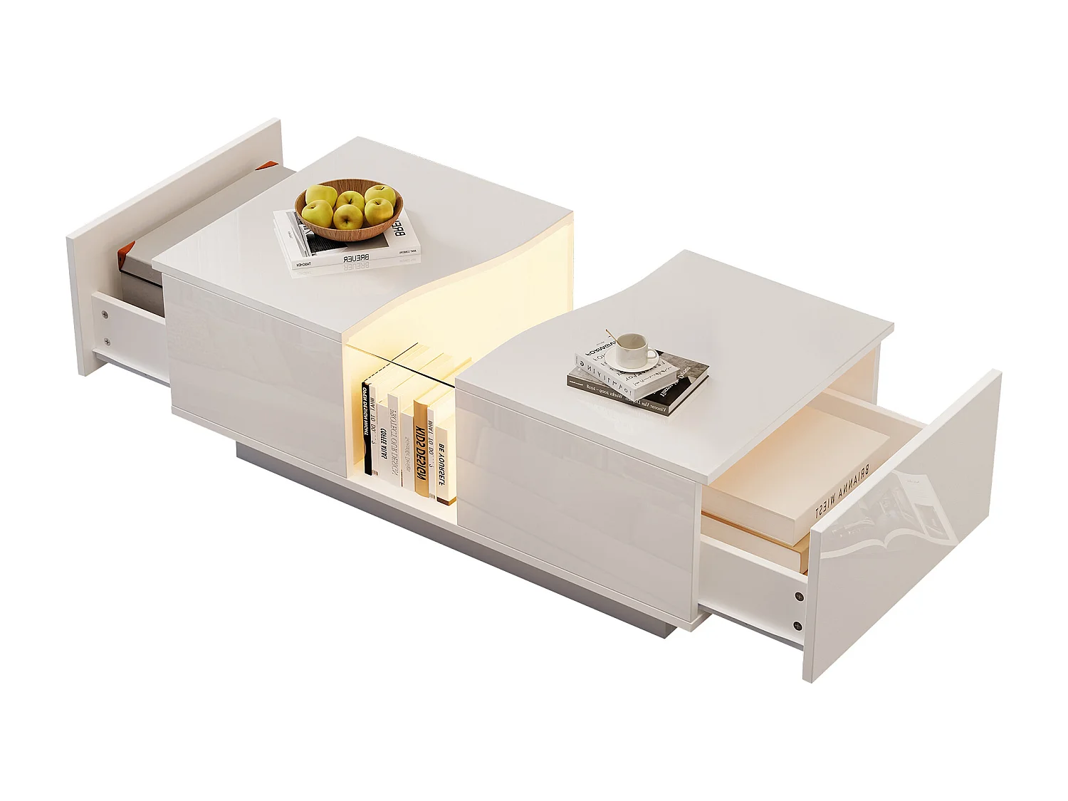 Table basse 100x50x35cm avec LED deux tiroirs bureau en acrylique en blanc pour salon