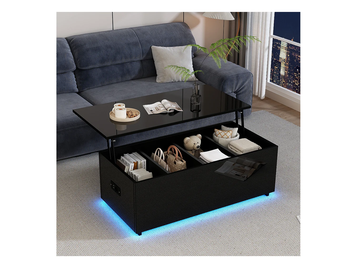 Table basse 100x50x35cm relevable hydraulique éclairage LED rangement caché noir pour salon