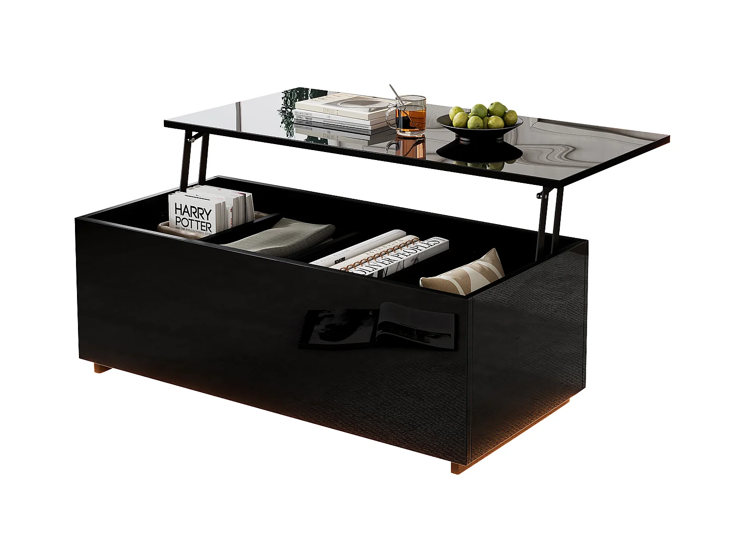 Table basse 100x50x35cm relevable hydraulique éclairage LED rangement caché noir pour salon