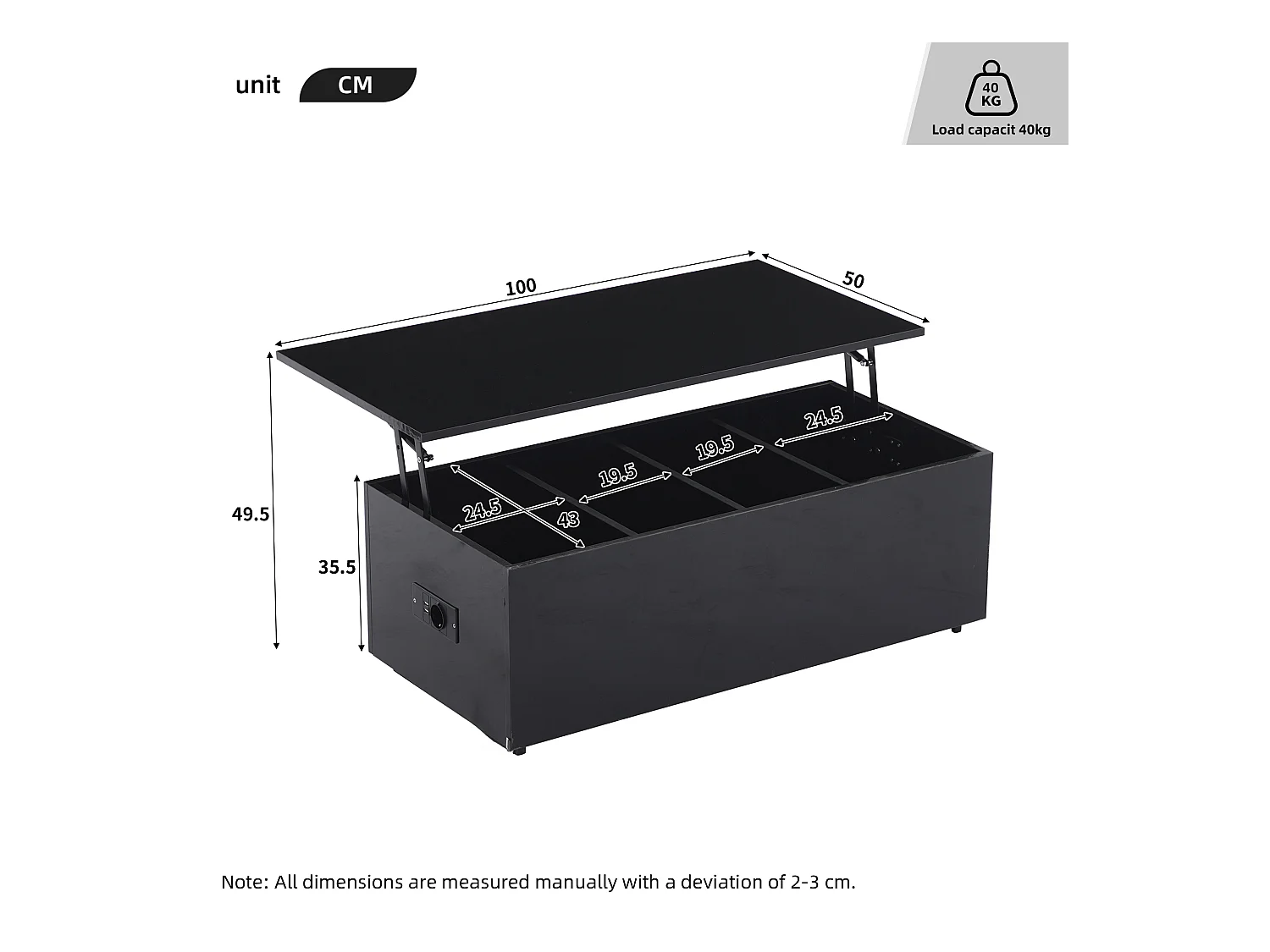 Table basse 100x50x35cm relevable hydraulique éclairage LED rangement caché noir pour salon