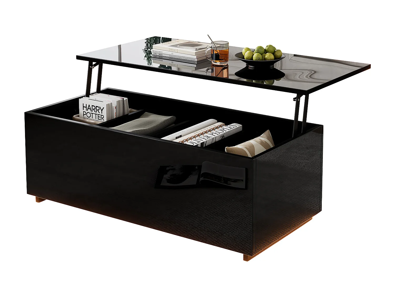 Table basse 100x50x35cm relevable hydraulique éclairage LED rangement caché noir pour salon