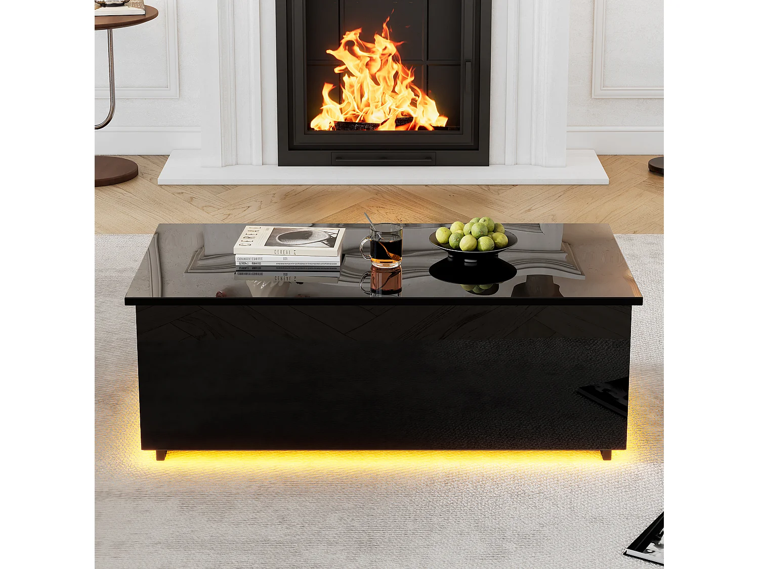 Table basse 100x50x35cm relevable hydraulique éclairage LED rangement caché noir pour salon