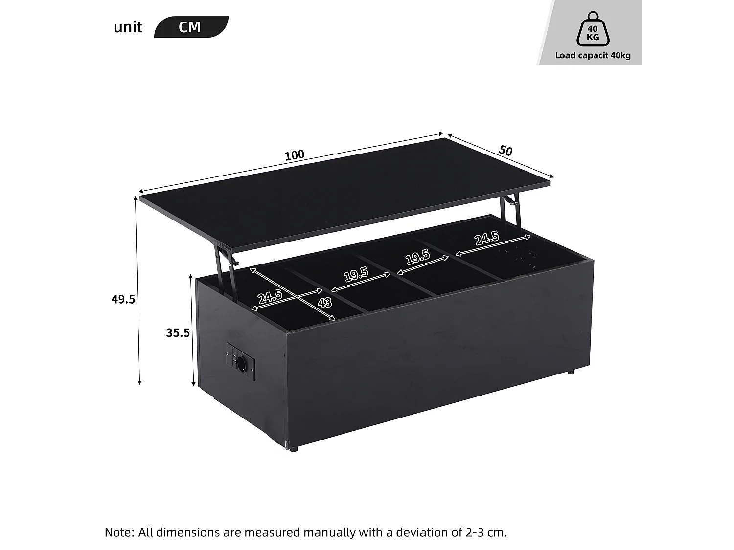 Table basse 100x50x35cm relevable hydraulique éclairage LED rangement caché noir pour salon
