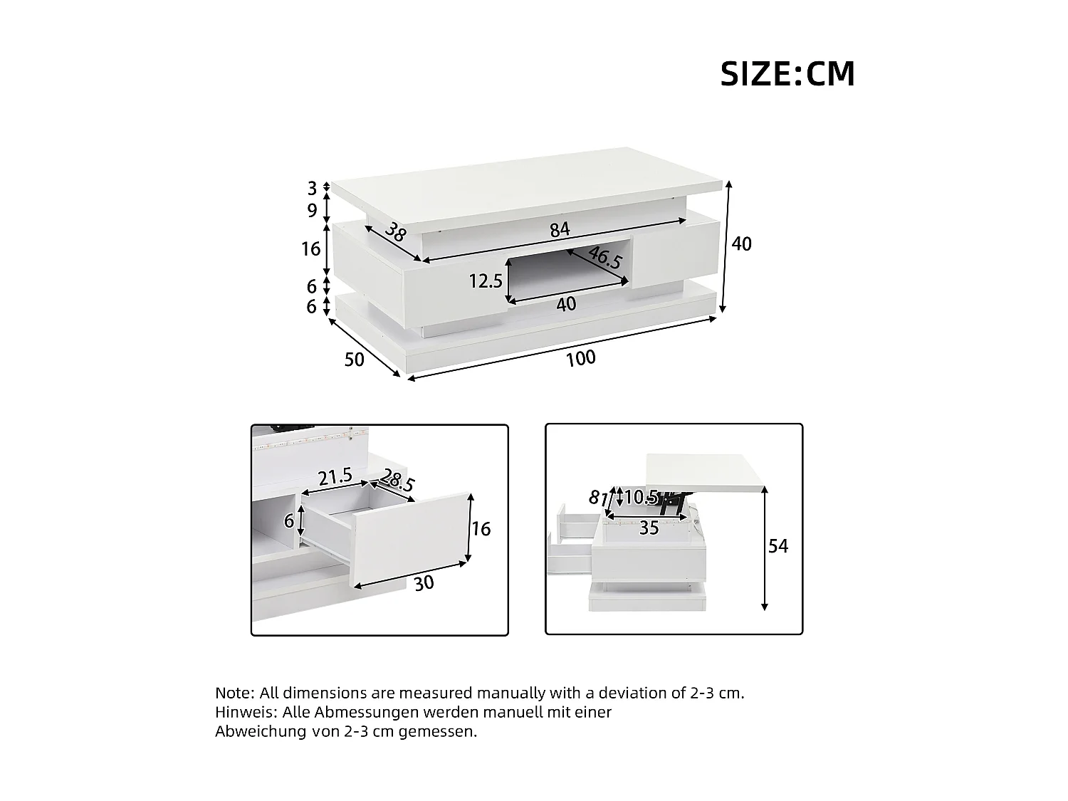 Salontafel verstelbaar 100x50x40 cm met 2 lades en LED, verborgen opbergruimte modern van spaanplaat, wit