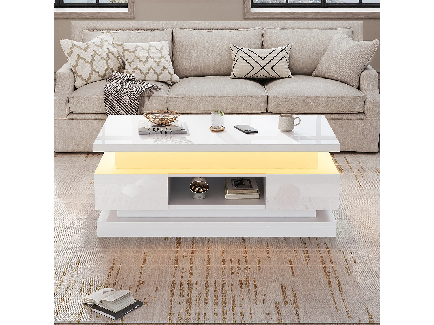 Salontafel verstelbaar 100x50x40 cm met 2 lades en LED, verborgen opbergruimte modern van spaanplaat, wit