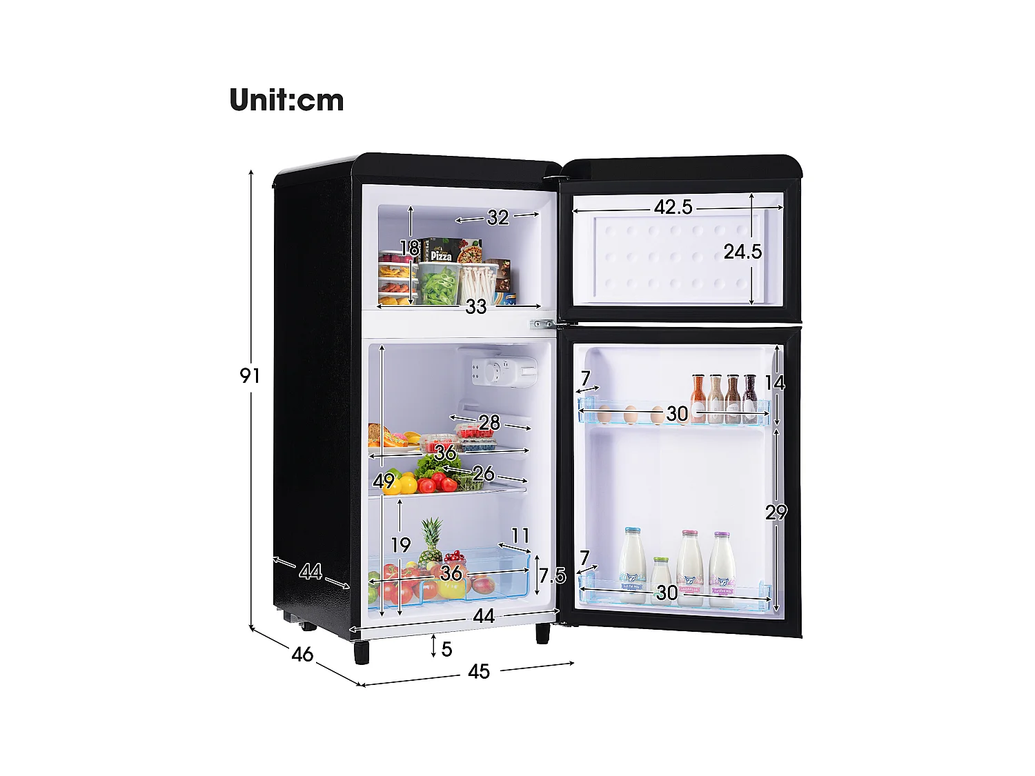 Réfrigérateur 46x45x91cm 2 Portes 72L Total 21L Congélateur LED Espace de rangement Matériel Iron et Noir