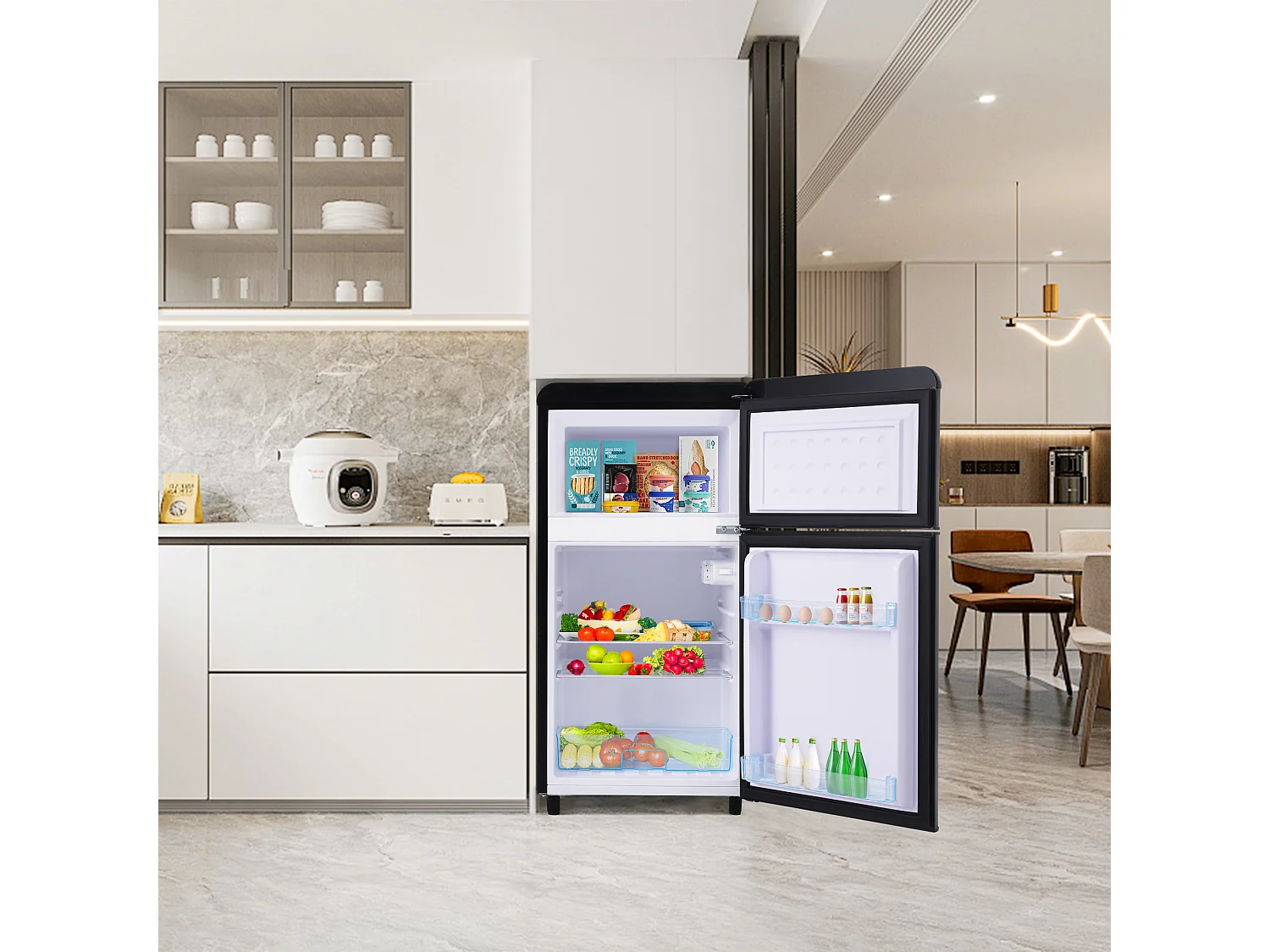 Réfrigérateur 46x45x91cm 2 Portes 72L Total 21L Congélateur LED Espace de rangement Matériel Iron et Noir