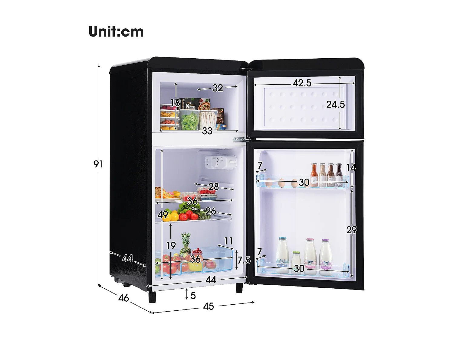 Réfrigérateur 46x45x91cm 2 Portes 72L Total 21L Congélateur LED Espace de rangement Matériel Iron et Noir