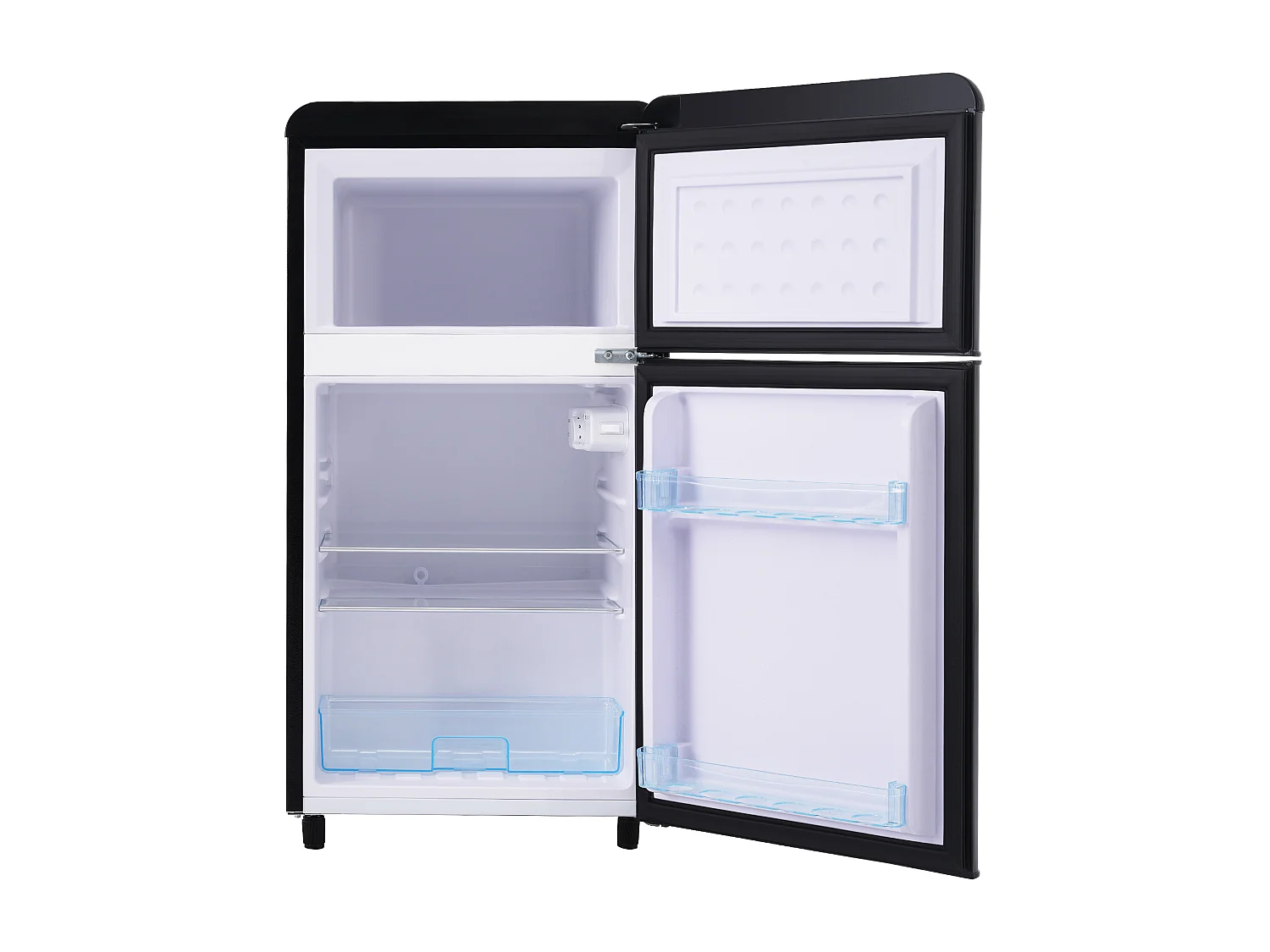 Réfrigérateur rétro 46x45x91 cm, double porte, congélateur 21 L, étagères réglables, éclairage LED, fer et plastique noir