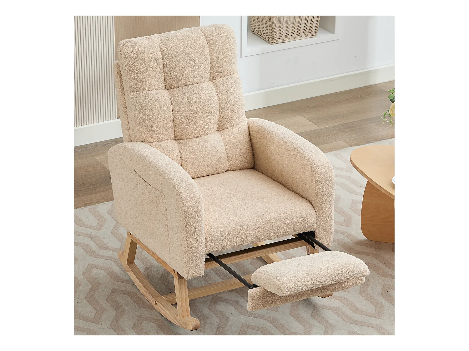 Fauteuil à bascule velours rembourrage dense cadre bois pieds métal beige