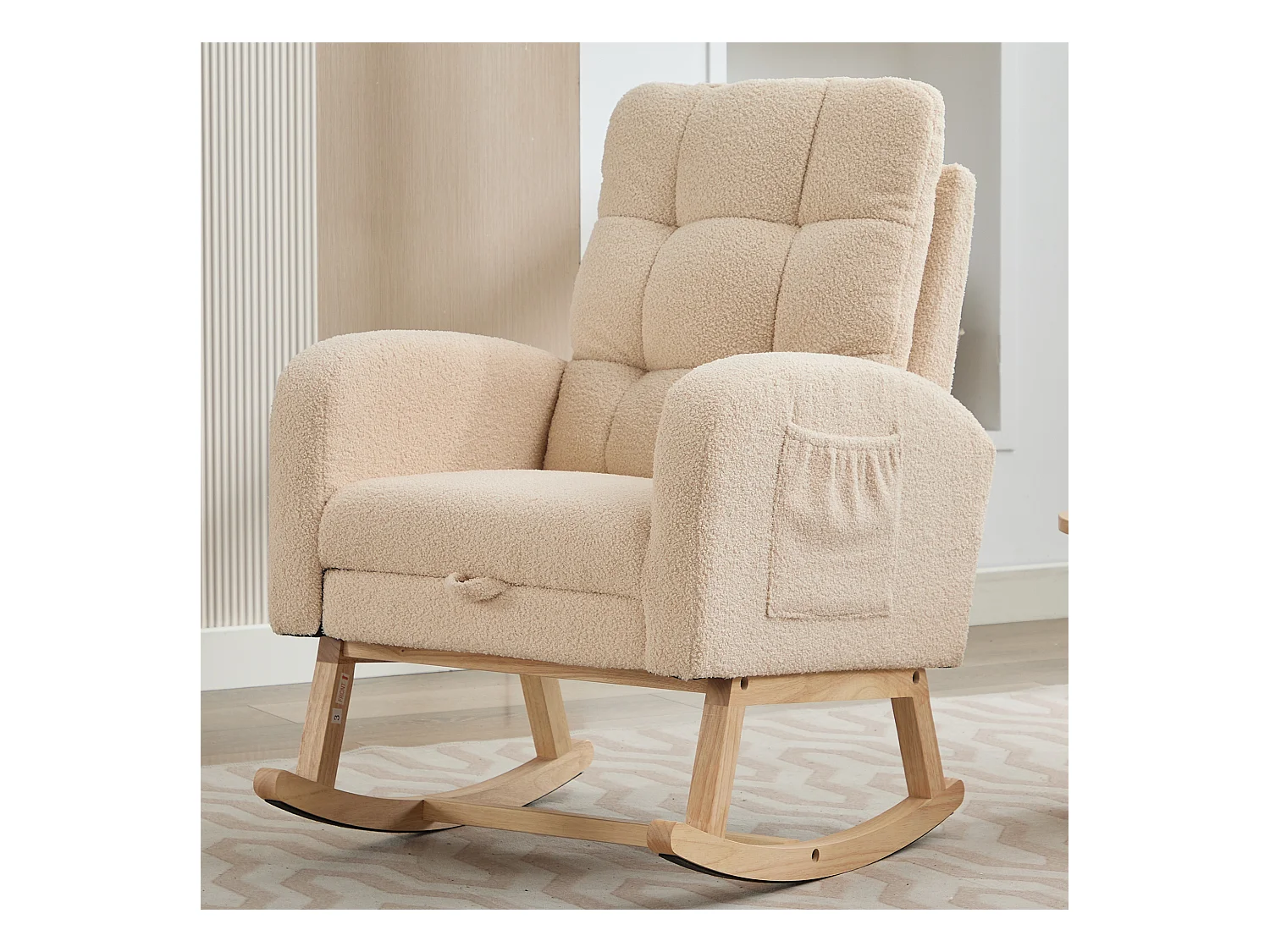 Fauteuil à bascule velours rembourrage dense cadre bois pieds métal beige
