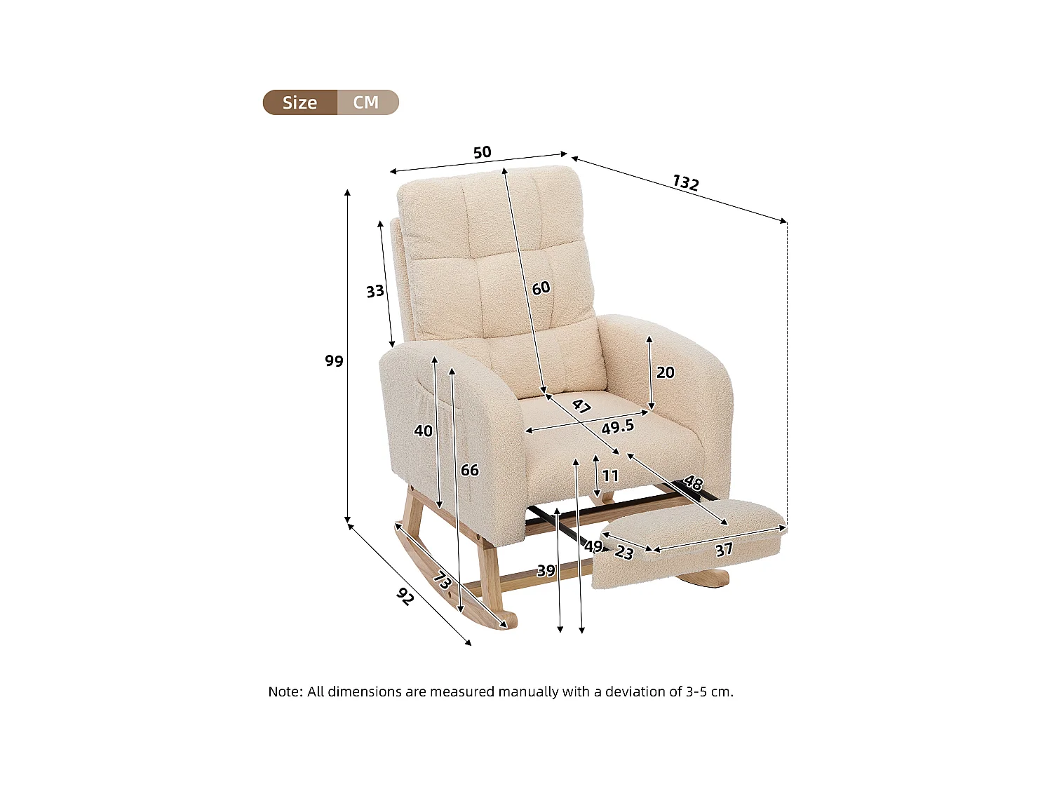 Fauteuil à bascule velours rembourrage dense cadre bois pieds métal beige