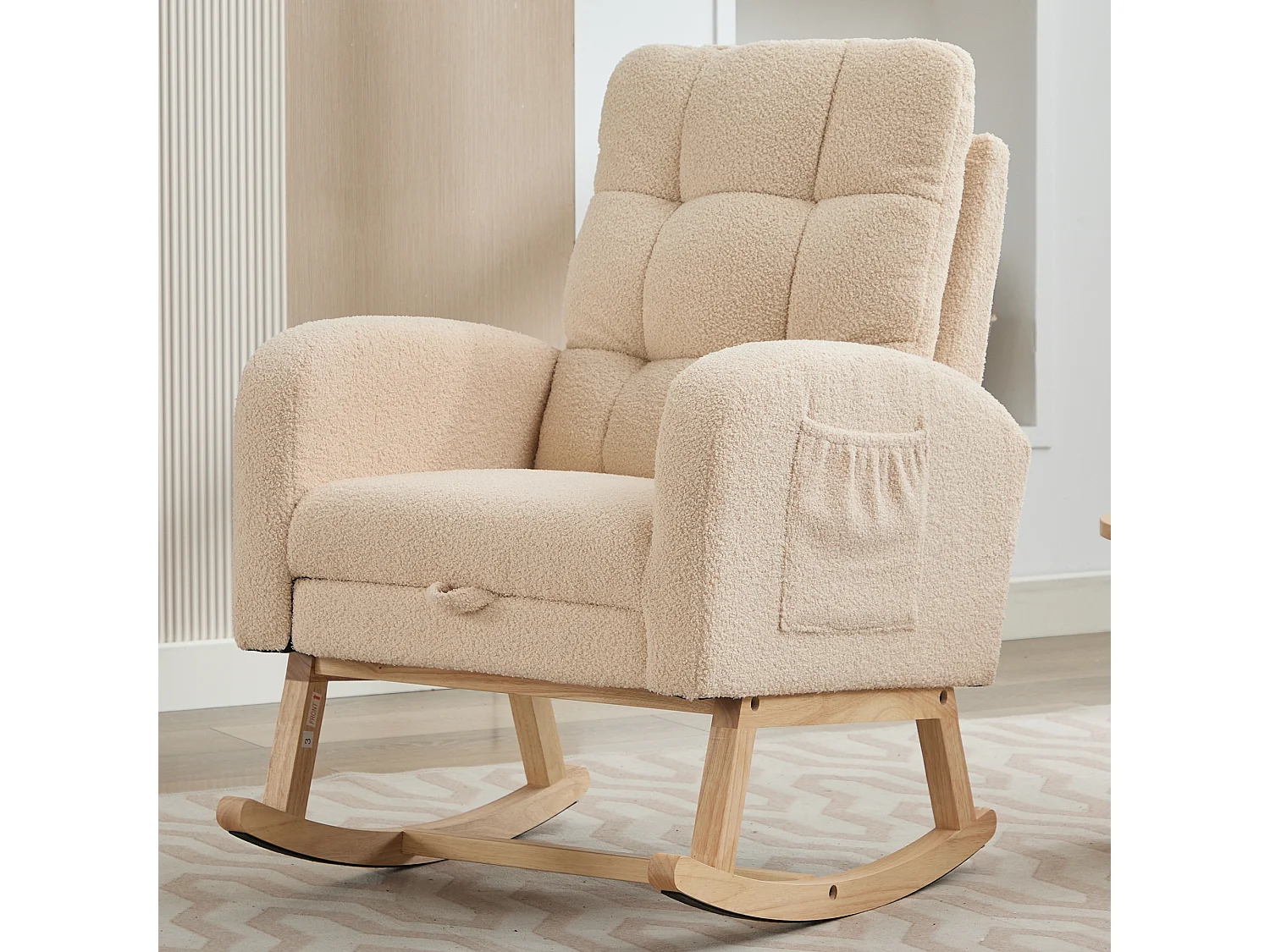 Fauteuil à bascule velours rembourrage dense cadre bois pieds métal beige