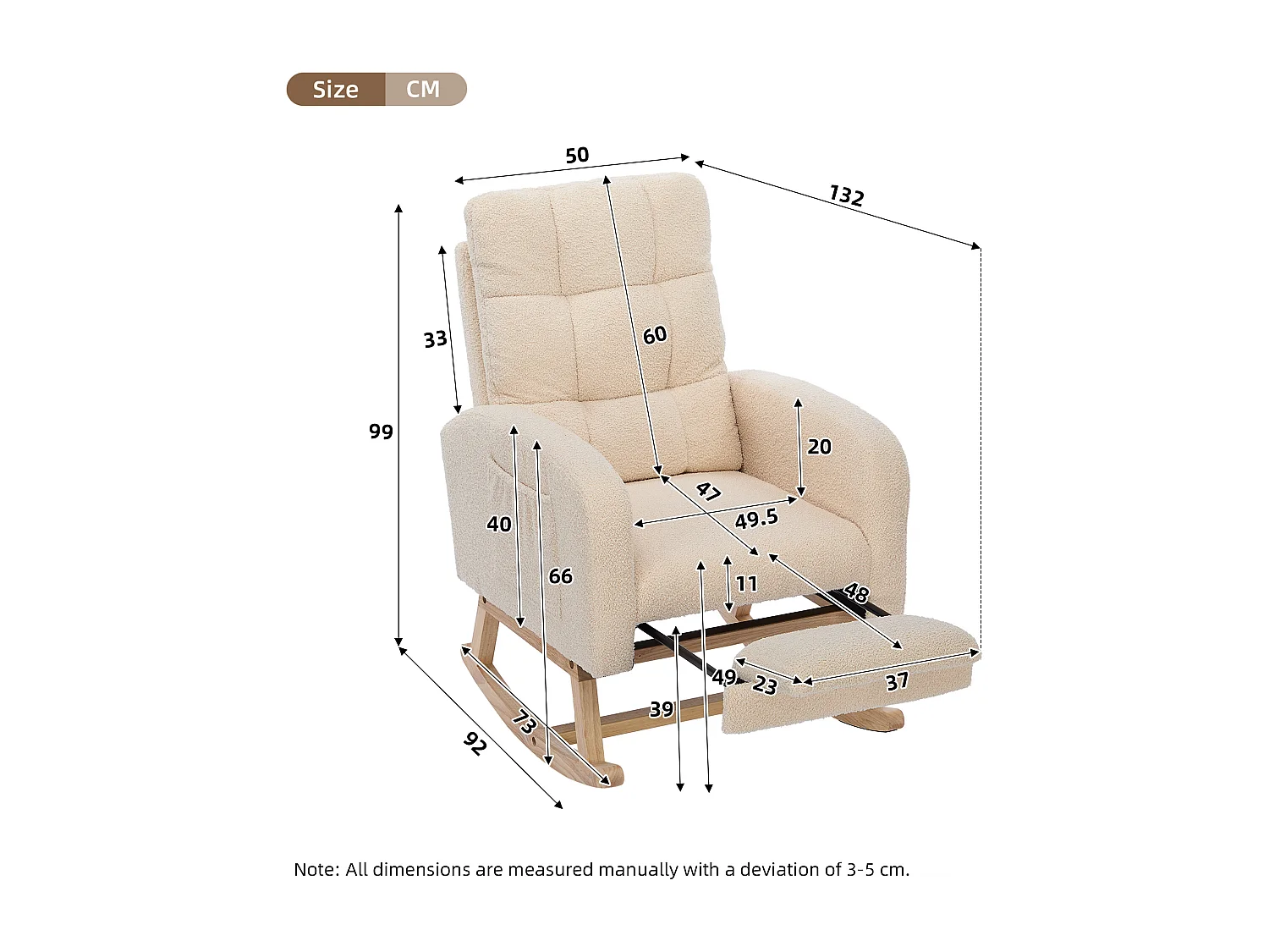 Fauteuil à bascule velours rembourrage dense cadre bois pieds métal beige