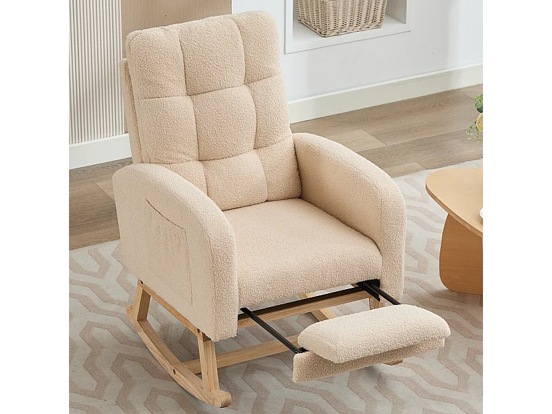 Fauteuil à bascule velours rembourrage dense cadre bois pieds métal beige