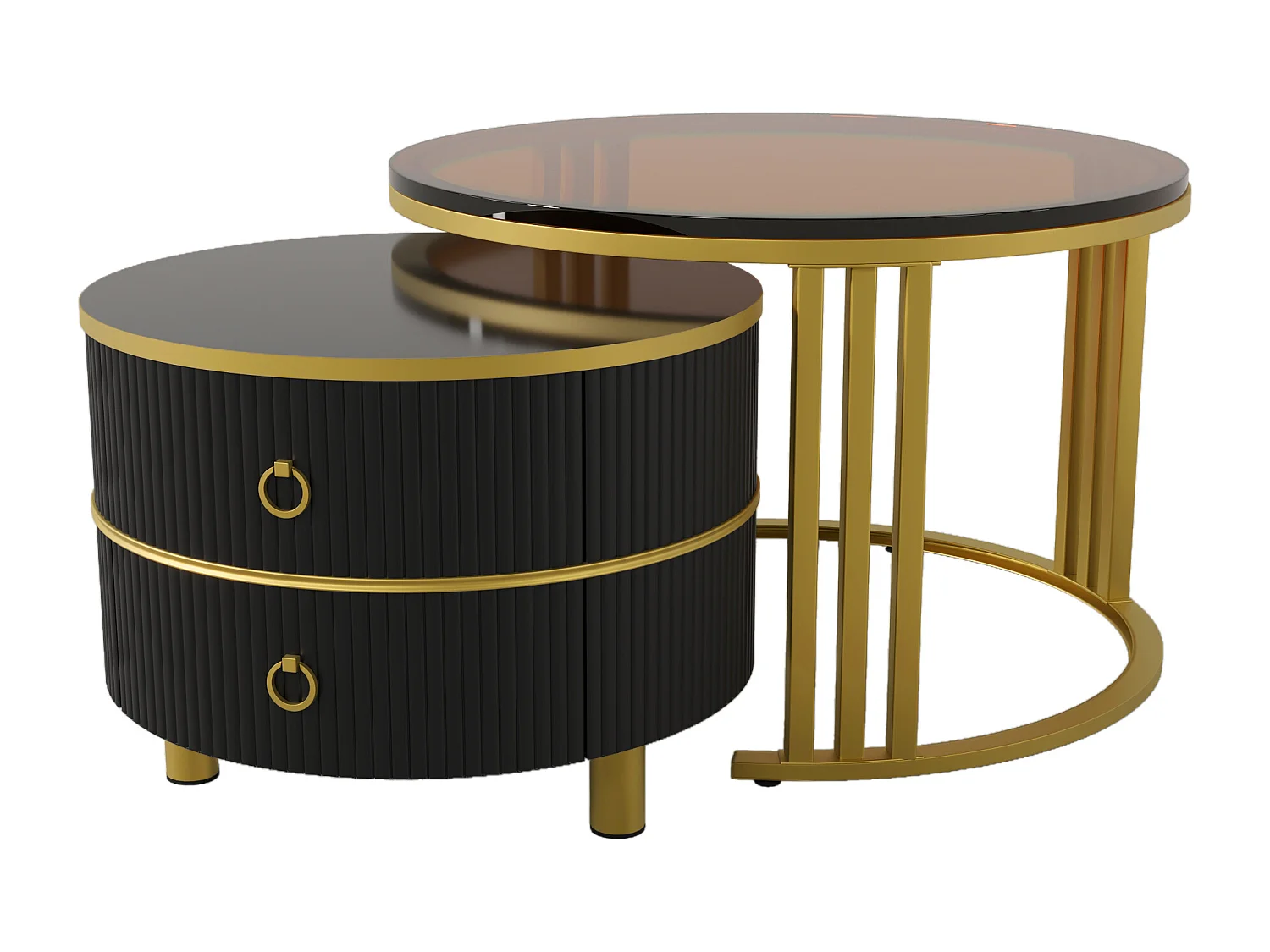 Lot de 2 tables basses 70x70x45cm Avec deux tiroirs, deux plateaux et espace de rangement Matériel MDF Noir pour étude